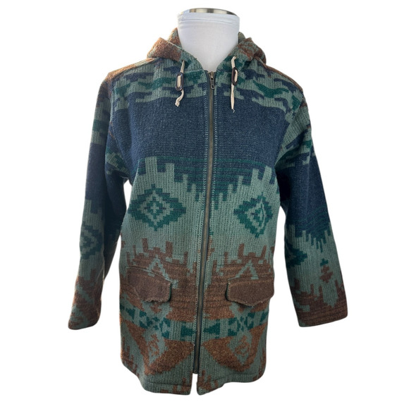 Vintage Woolrich Woman Southwestern Aztec Blanket Style Jacket Zip Hooded Medium - Picture 3 of 16